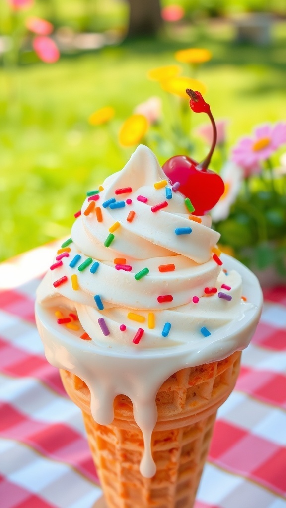 A bowl of vanilla ice cream with sprinkles and a cherry, served in a waffle cone on a picnic blanket.